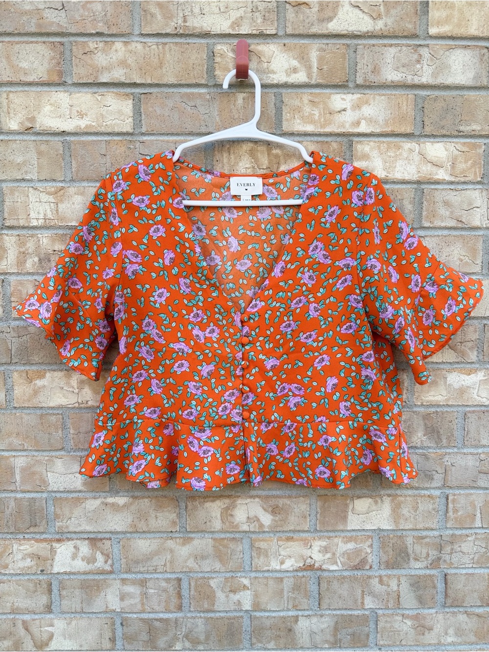 Everly Orange Floral V-Neck Peplum Blouse Small Cropped EUC Like New